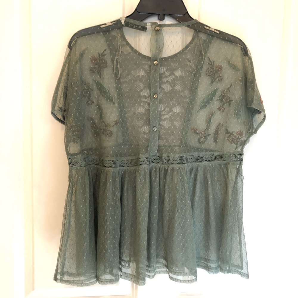 Zara Basic Button Back Olive Mesh Peplum Embroide… - image 4